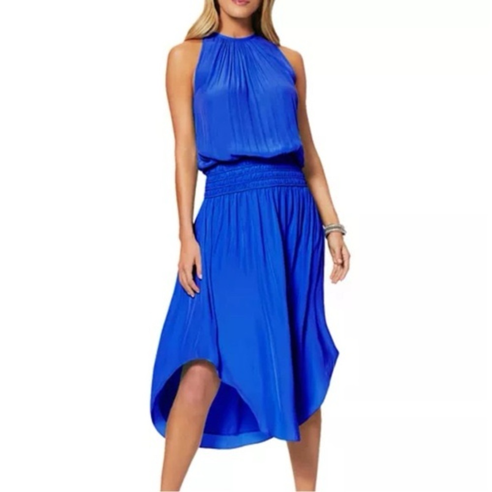 Ramy Brook cobalt blue Audrey smocked halter neck midi dress - Large NWT